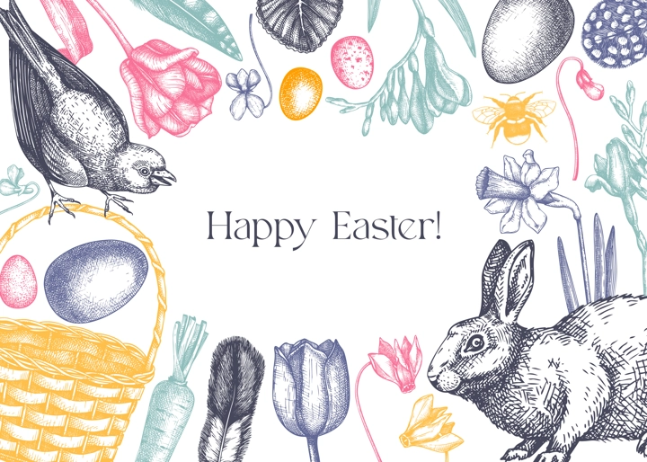 Easter frame design. With spring flowers, eggs and rabbit hand-drawings. Hand-sketched botanical backdrop. Spring plants and animals sketches. Easter card or invitation vector template